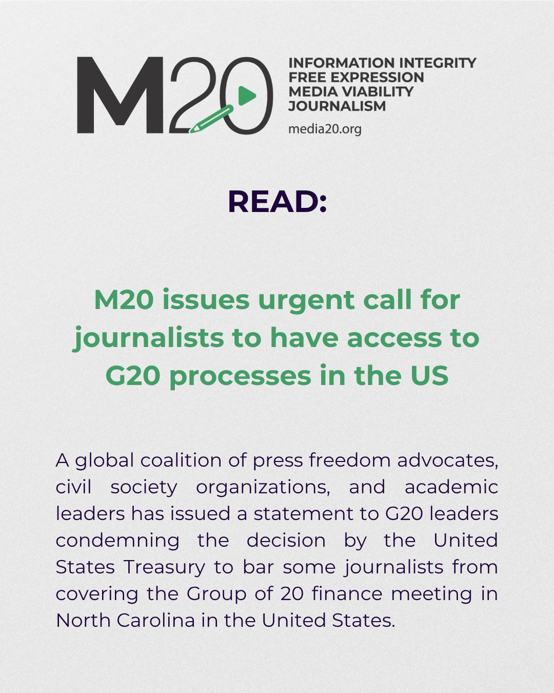 M20 issues urgent call for journalists to have access to G20 processes in the US